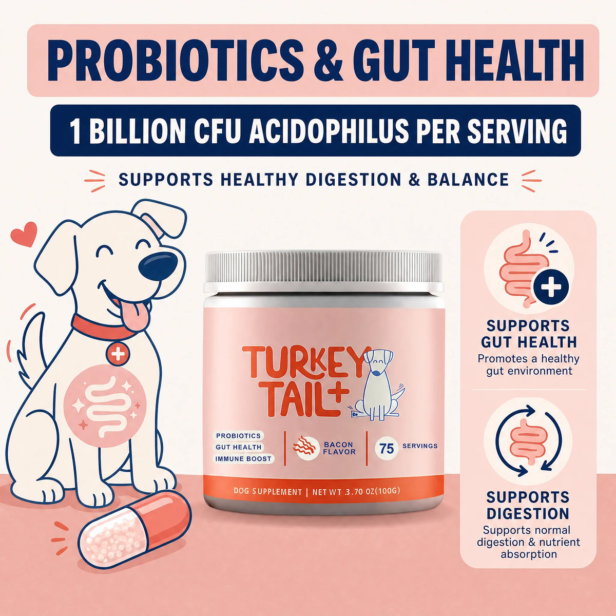 Probiótico em Grânulos para Cães com Cogumelo Turkey Tail – Sabor Bacon