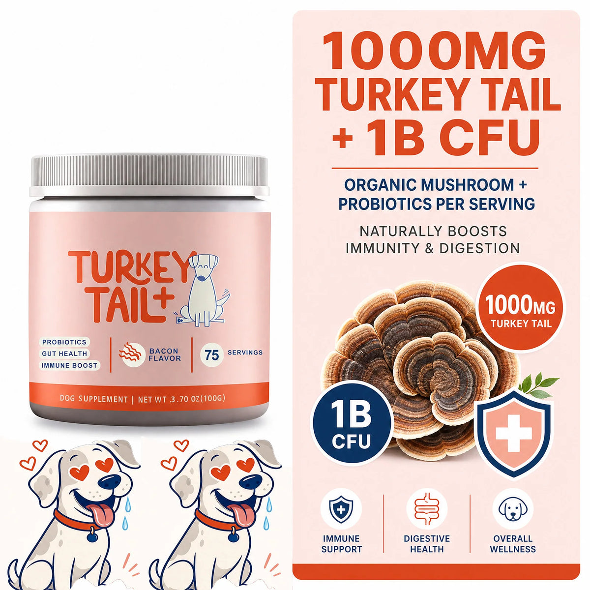 Probiótico em Grânulos para Cães com Cogumelo Turkey Tail – Sabor Bacon